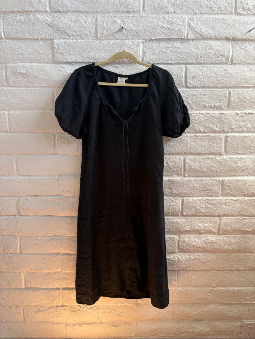 Black Puff-Sleeve Midi Dress with Tie Neck